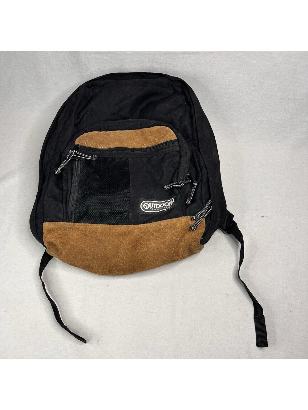 Outdoor Products Backpack Black W/ Tan Suede Leather Bottom Multi Pockets